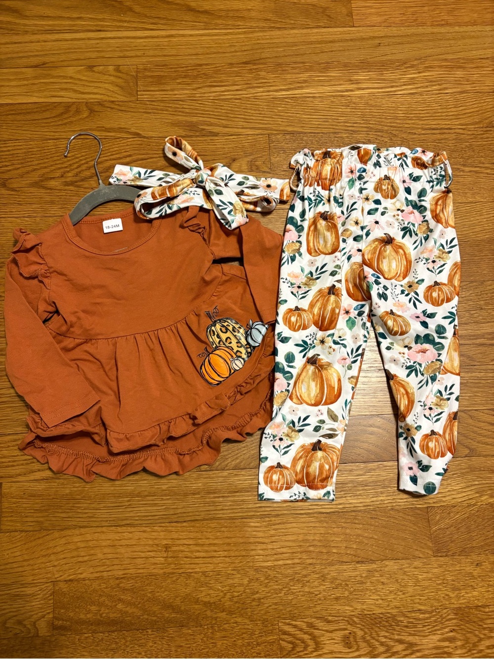 Girls Pumpkin Ruffle Tunic & Legging Set with Headband - Rust Orange